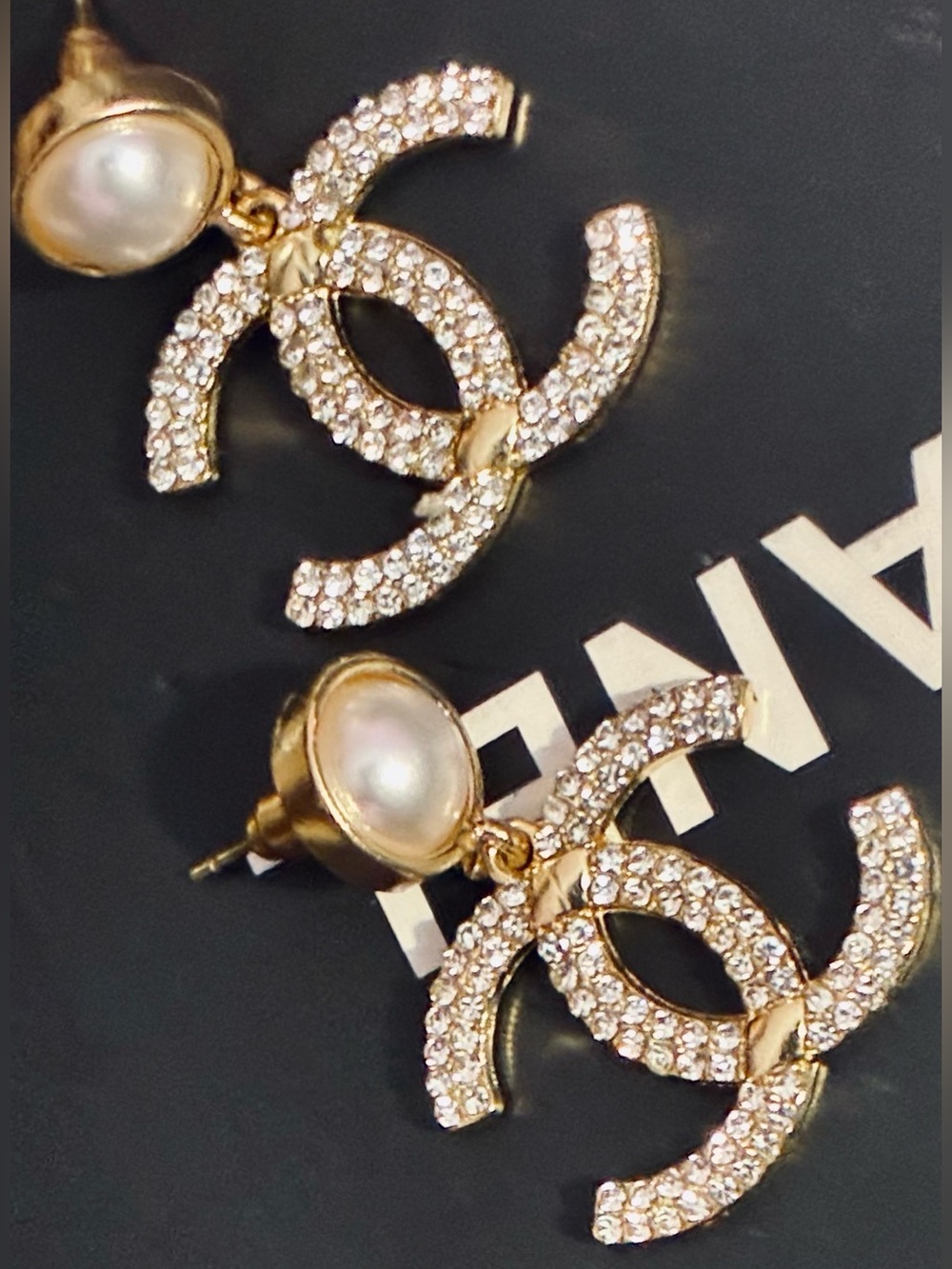 CHANEL Style Pearl & Crystal Interlocking Logo Drop Earrings